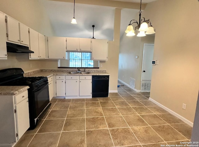 kitchen with hanging light fixtures, black appliances, sink, and white cabinets