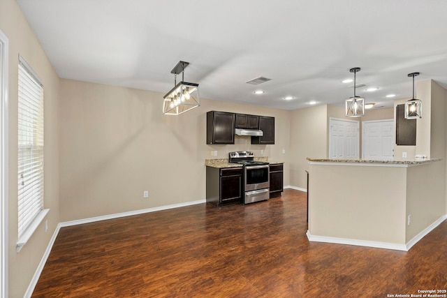 kitchen featuring decorative light fixtures, dark brown cabinets, electric range, and dark hardwood / wood-style floors