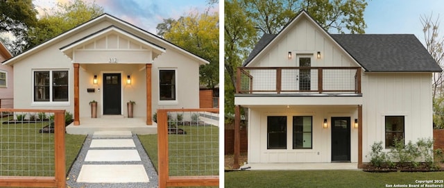 modern farmhouse style home with a balcony, a front yard, and a porch