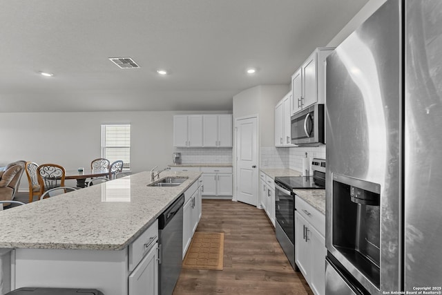 kitchen featuring sink, an island with sink, white cabinetry, and appliances with stainless steel finishes