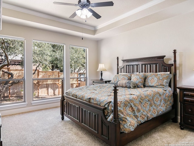 carpeted bedroom featuring crown molding, a tray ceiling, and ceiling fan