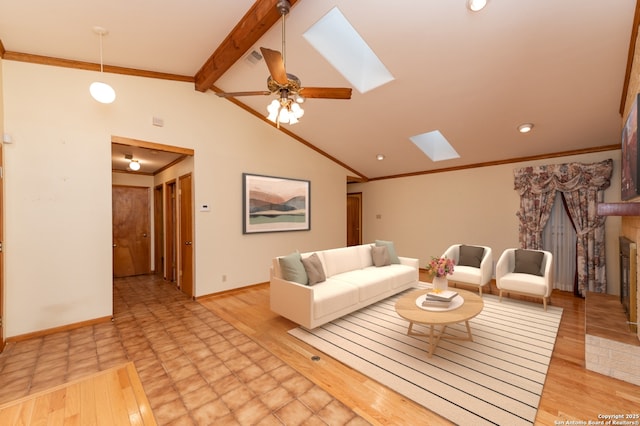 living room with a brick fireplace, light wood-type flooring, ceiling fan, and lofted ceiling with skylight