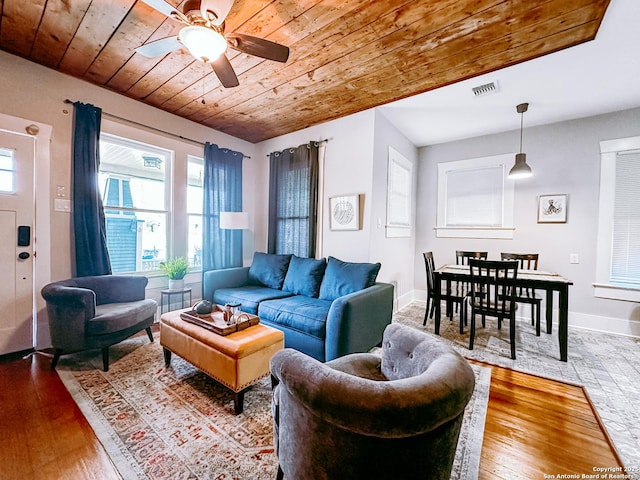 living room with hardwood / wood-style flooring, ceiling fan, and wood ceiling