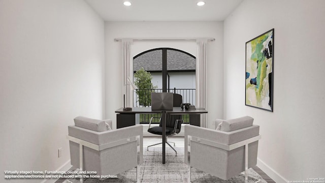 office space with recessed lighting, baseboards, and wood finished floors