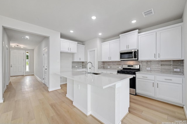 kitchen with stainless steel appliances, a sink, light countertops, white cabinets, and backsplash