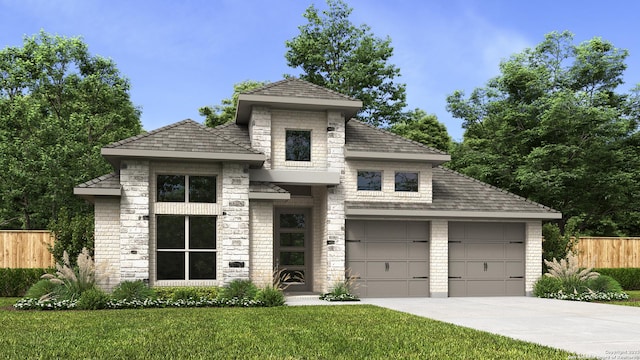 606 Inner Path, New Braunfels, TX 78132 - view of front facade with fence, a shingled roof, a front lawn, stone siding, and concrete driveway