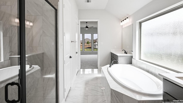 606 Inner Path, New Braunfels, TX 78132 - bathroom featuring ceiling fan, a garden tub, a shower stall, vanity, and marble finish floor