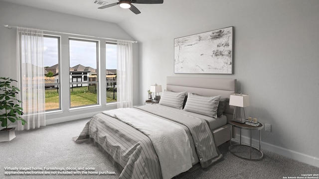 606 Inner Path, New Braunfels, TX 78132 - bedroom featuring baseboards, ceiling fan, carpet, and vaulted ceiling