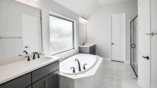 606 Inner Path, New Braunfels, TX 78132 - bathroom featuring a garden tub, a shower stall, two vanities, a sink, and marble finish floor