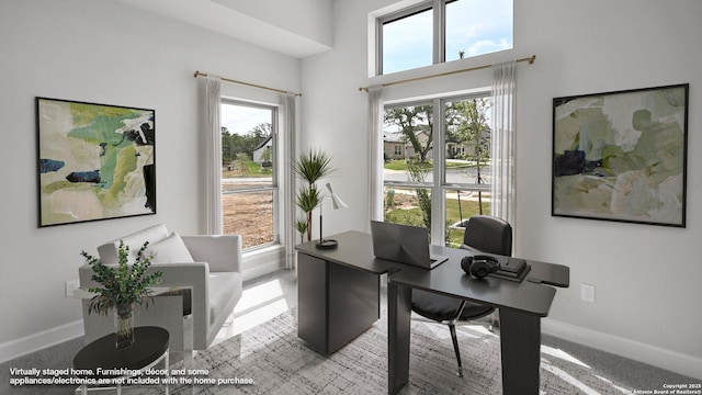 606 Inner Path, New Braunfels, TX 78132 - home office featuring baseboards and a towering ceiling