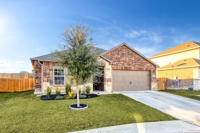 single story home with a garage and a front lawn