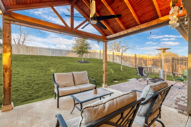 view of patio / terrace with ceiling fan, a gazebo, and outdoor lounge area