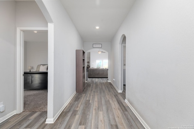 corridor with hardwood / wood-style flooring