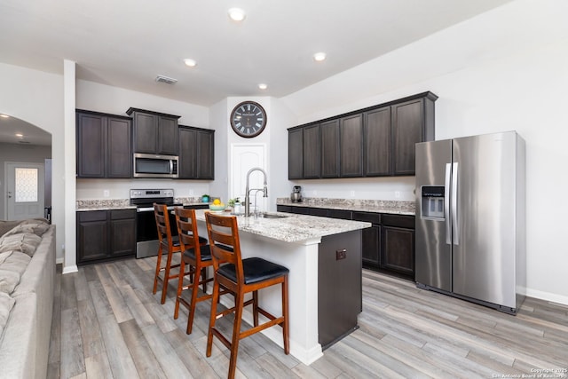 kitchen featuring a kitchen island with sink, sink, dark brown cabinets, a breakfast bar, and stainless steel appliances