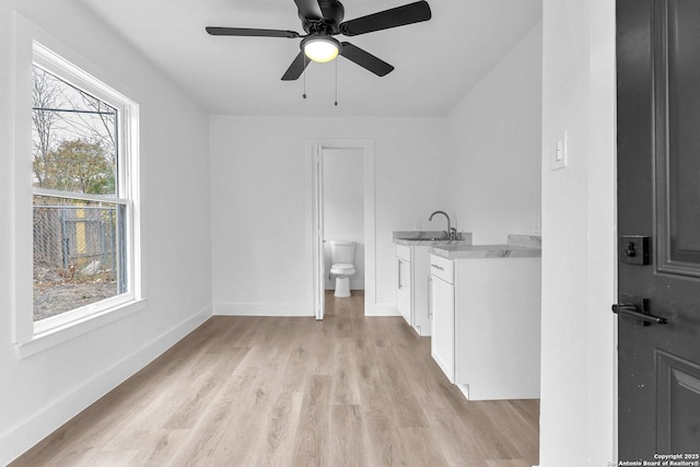 interior space featuring sink, light hardwood / wood-style flooring, a wealth of natural light, and ceiling fan