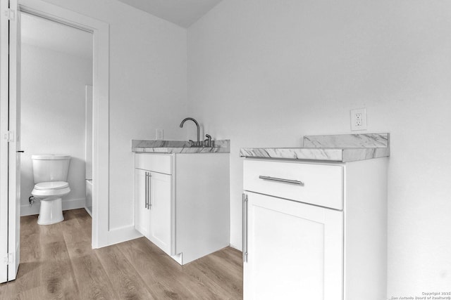 bathroom with hardwood / wood-style flooring, toilet, and vanity