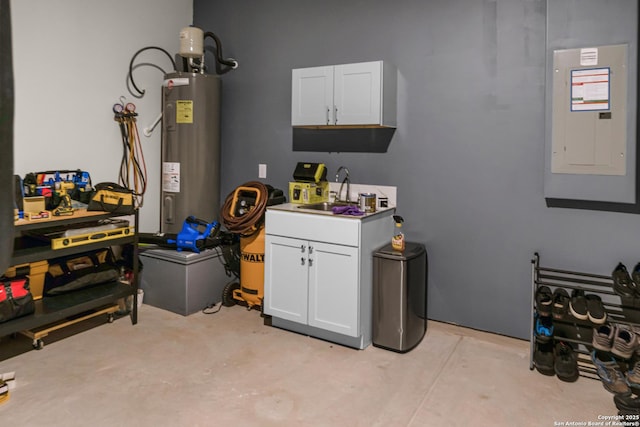 utility room with sink, electric panel, and water heater