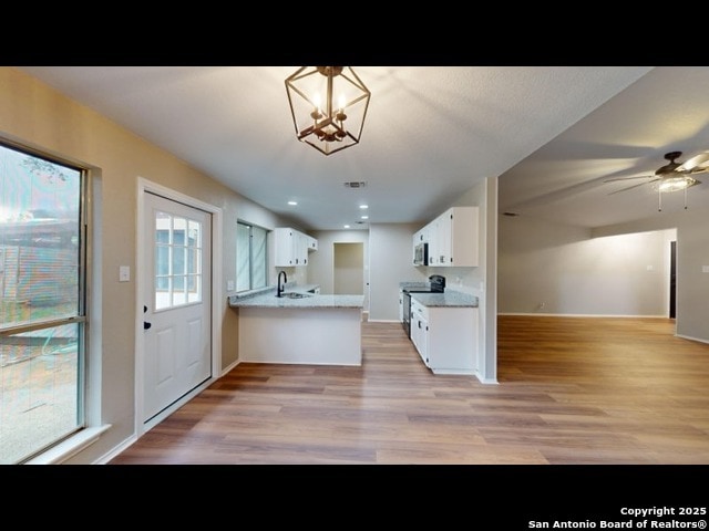 kitchen featuring kitchen peninsula, white cabinetry, stainless steel range with electric stovetop, and a wealth of natural light