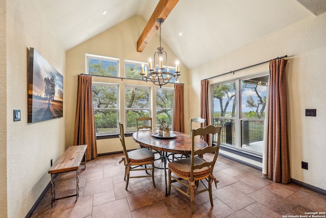 dining space featuring beamed ceiling, high vaulted ceiling, and a notable chandelier