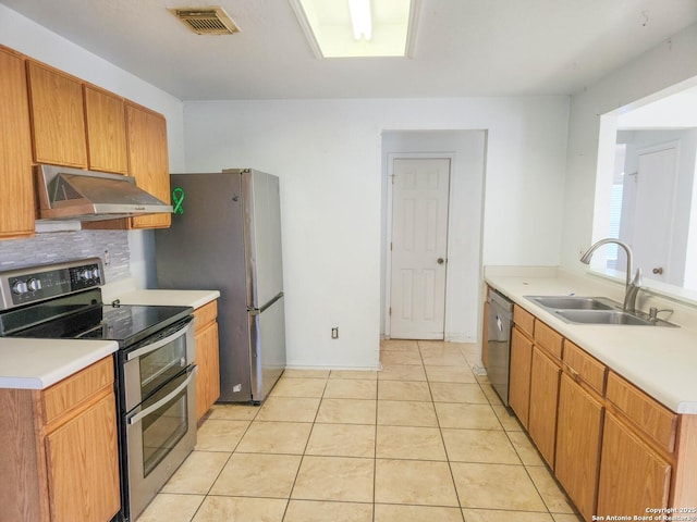 kitchen featuring sink, backsplash, appliances with stainless steel finishes, and light tile patterned flooring