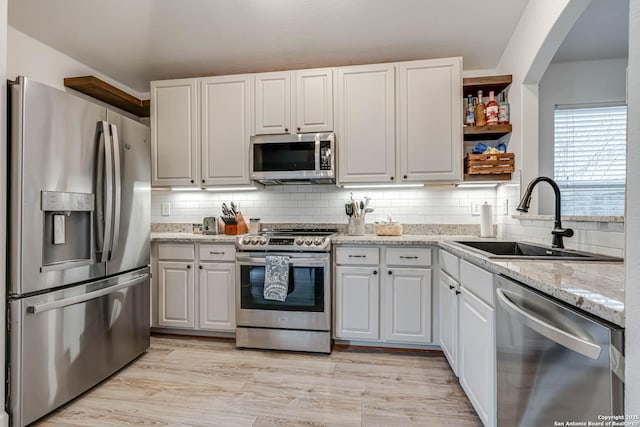 kitchen with appliances with stainless steel finishes, sink, white cabinetry, light stone counters, and decorative backsplash