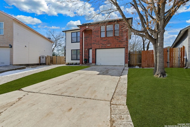 front facade featuring a garage and a front lawn