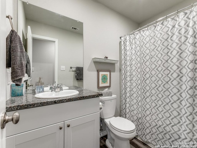 bathroom with vanity, toilet, and a shower with shower curtain