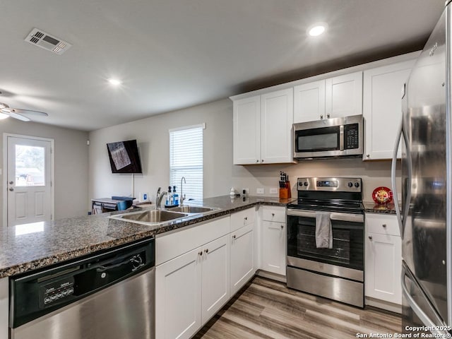 kitchen featuring white cabinets, appliances with stainless steel finishes, dark stone countertops, sink, and kitchen peninsula