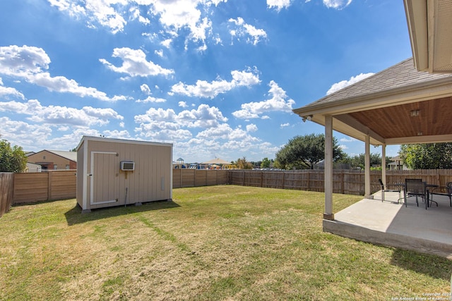 view of yard with a patio and a storage unit