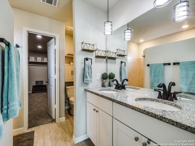 bathroom featuring hardwood / wood-style floors, toilet, and vanity