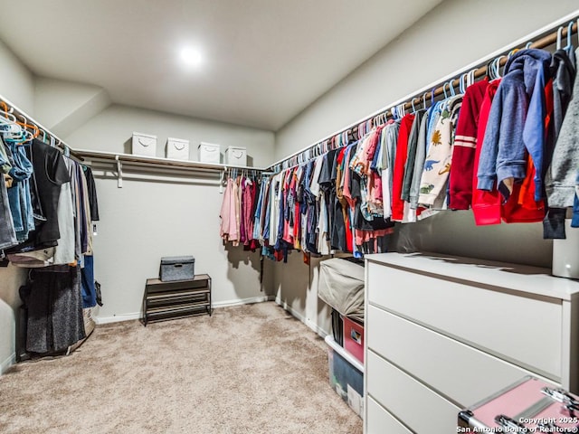 spacious closet featuring light colored carpet