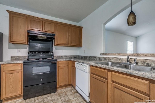 kitchen with oven, white dishwasher, hanging light fixtures, black range with electric cooktop, and sink