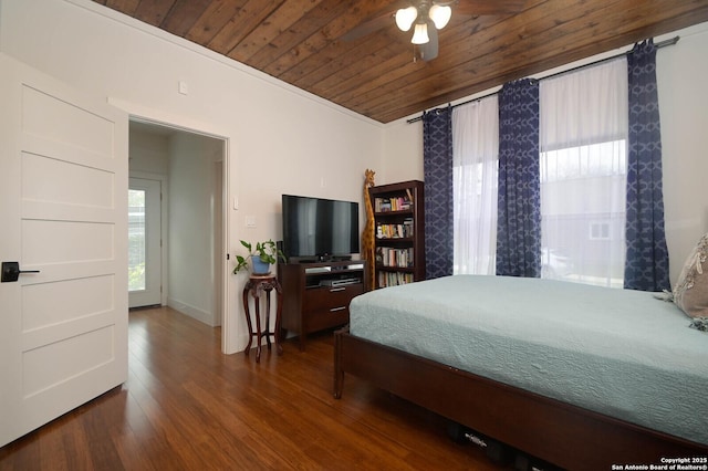 bedroom featuring wooden ceiling, ceiling fan, and dark hardwood / wood-style flooring