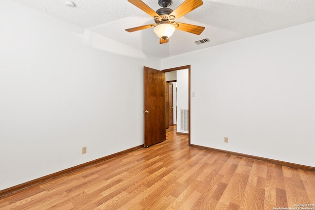 unfurnished room featuring light hardwood / wood-style floors, a textured ceiling, and ceiling fan