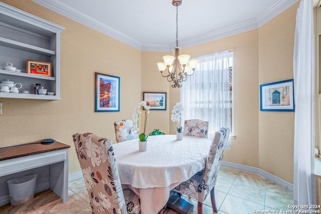 dining room with built in features, a chandelier, light tile patterned floors, and ornamental molding