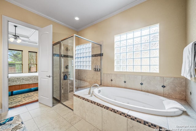 bathroom with crown molding, independent shower and bath, and tile patterned floors