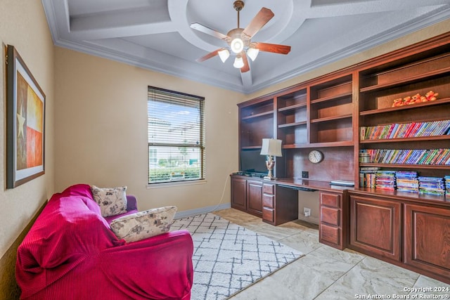 office space with coffered ceiling, ceiling fan, and crown molding