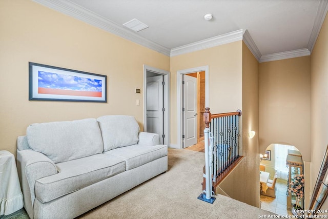 living room featuring light carpet and crown molding