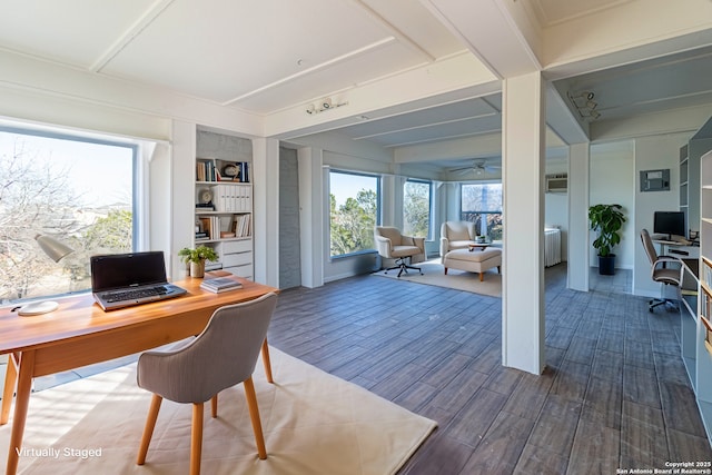 home office featuring built in features, plenty of natural light, dark hardwood / wood-style floors, and radiator heating unit