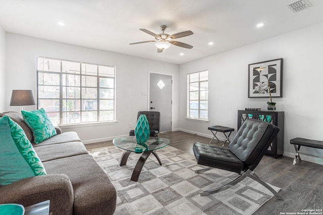 living room featuring ceiling fan and wood-type flooring