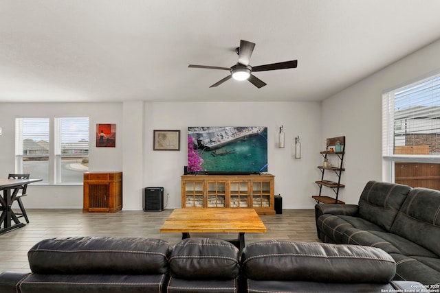 living room with hardwood / wood-style flooring, plenty of natural light, and ceiling fan