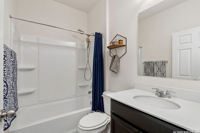 full bathroom with toilet, vanity, and shower / tub combo with curtain