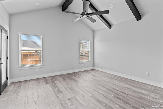 empty room featuring a wealth of natural light, light hardwood / wood-style flooring, and beam ceiling