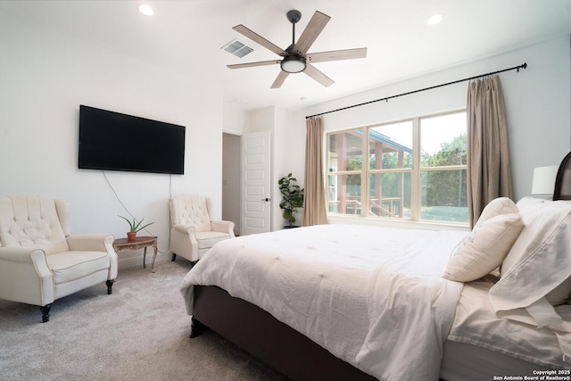 carpeted bedroom with ceiling fan