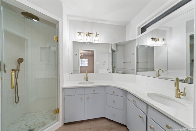 bathroom with vanity, a shower with shower door, and hardwood / wood-style flooring