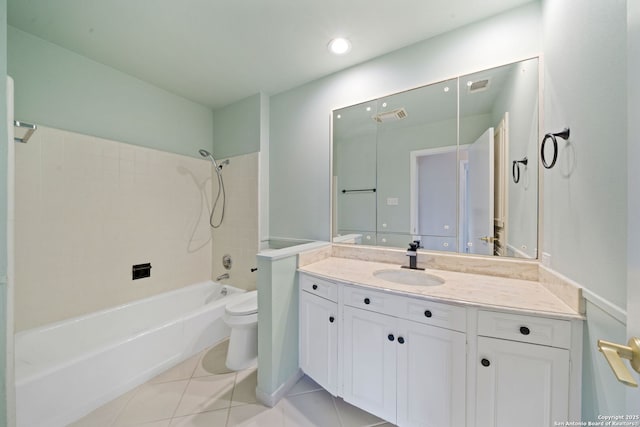 full bathroom featuring shower / bath combination, toilet, tile patterned floors, and vanity