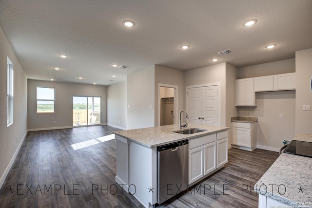 kitchen with white cabinetry, dark hardwood / wood-style flooring, sink, a kitchen island with sink, and stainless steel dishwasher