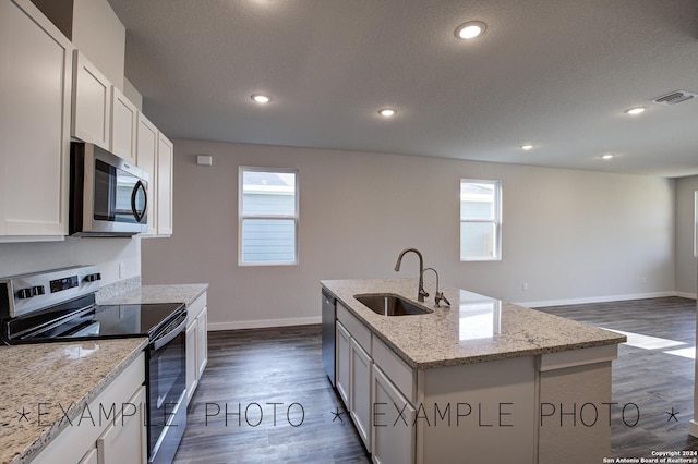 kitchen with white cabinetry, stainless steel appliances, sink, light stone counters, and a center island with sink