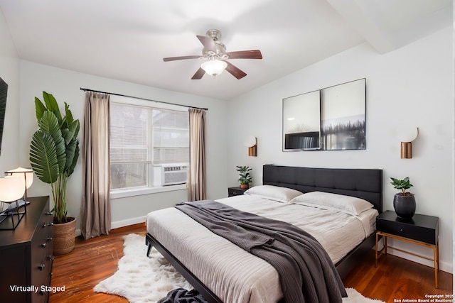 bedroom with dark wood-type flooring, cooling unit, and ceiling fan