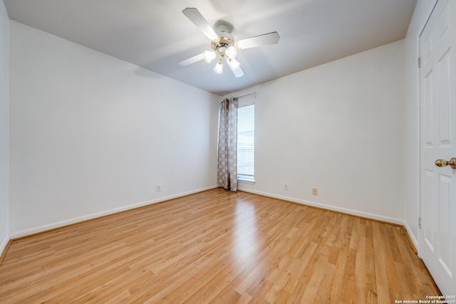 unfurnished bedroom with light wood-type flooring and ceiling fan